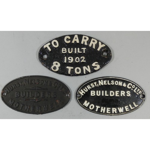 205 - Two cast iron Hurst Nelson wagon plates, and an oval plate 8 tons, built 1902 (3).