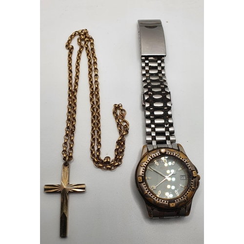 142 - A silver gilt cross on a 9ct gold chain (chain 10 gm) and a Sekonda wristwatch