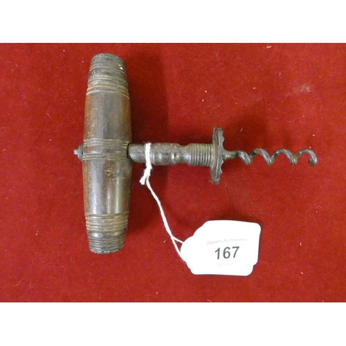 167 - A Victorian Henshaw type direct pull corkscrew, the rosewood handle lacking the hair.