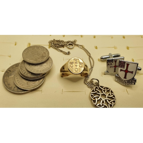 185 - A 9ct gold Millennium signet ring, 7.5 gms, a 2002 proof nine coin set, other coins and items.