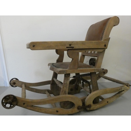 198 - A Victorian beech metamorphic chair, converting from a rocking chair to a high chair, wheels, one le... 