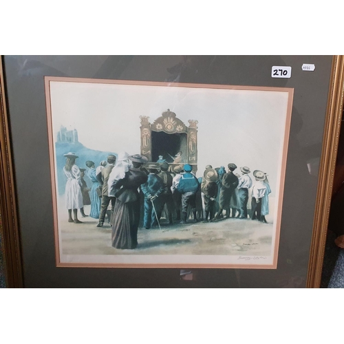 270 - An oak framed Victorian etched wall mirror. 73 x 52cm together with a pair of gilt framed prints 105... 