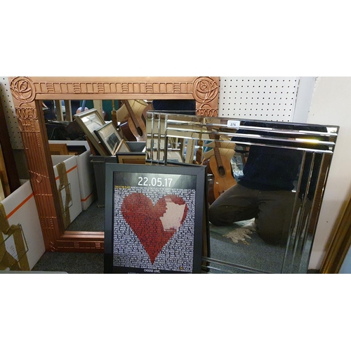 276 - Various prints and photos, a wall mirror with mirrored border and another with copper coloured frame... 