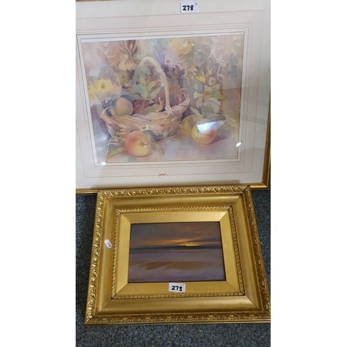 278 - Two gilt framed still life prints 81 x 96cm and a still life print, a gilt framed oil of the sun set... 