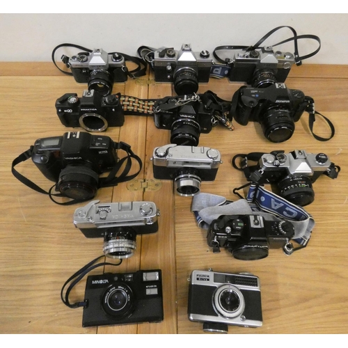 70 - A quantity of SLR camera's, to include Yashica 270, FX-D quartz, FX-3 super and Olympus OM101.