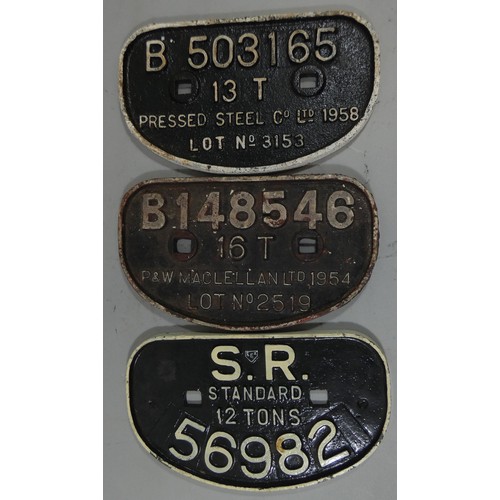 207 - Three D wagon plates, SR 12 TONS, MACLELLAN LTD 1954 16 TONS and PRESSED STEEL LTD 1958 13 TONS (3).