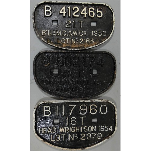 208 - Three D wagon plates, BIRMINGHAM C&W 1950, 21 TONS, HEAD WRIGHTSON 1954 16 TONS and PRESSED STEEL LT... 