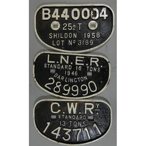 209 - Three wagon plates, GWR 13 TONS, LNER DARLINGTON 1946 16 TONS and SHILDON 1958 25 1/2 TONS (3).