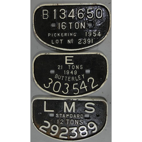 214 - Three cast iron wagon plates, LMS 12 TONS, BUTTERLEY 1949 21 TONS and PICKERING 1954 16 TONS (3).