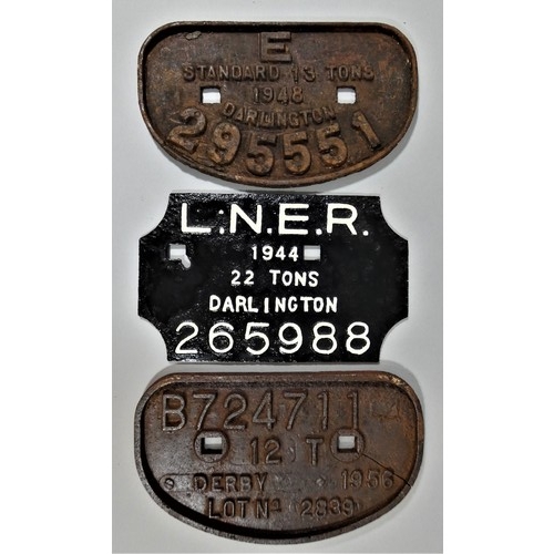 215 - Two cast iron D wagon plates, DARLINGTON 1948 and DERBY 1956 and a rectangular LNER DARLINGTON 1944 ... 