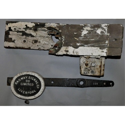 302 - A NER wooden signal blade, white with a black V, metal fixing strap, 29 x 120 cm, together with the ... 