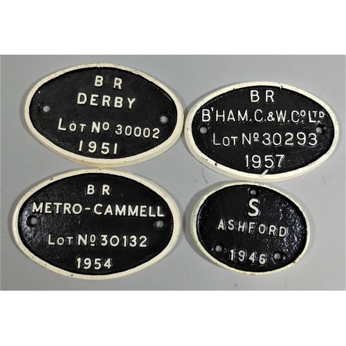 216 - Four carriage builders plates, BR DERBY 1951, BR BIRMINGHAM C&W 1957, BR METRO CAMMELL 1954, s. ASHF... 