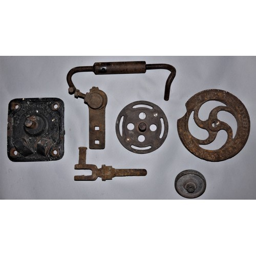 168 - A quantity of signalling equipment, pulley wheels, rods and metal plates.