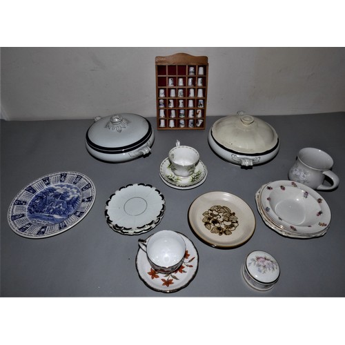 241 - four boxes of miscellaneous china, including tableware, military figures, boissons thimbles in rack,... 