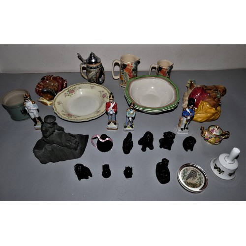 241 - four boxes of miscellaneous china, including tableware, military figures, boissons thimbles in rack,... 