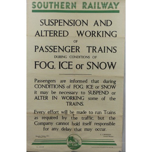 87 - An original Southern Railway double royal poster, Suspension and altered working of passenger trains... 