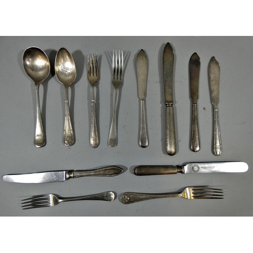 143 - A collection of LMS and LNER cutlery, 6 x knives, 4 x forks and 2 x dessert spoons.