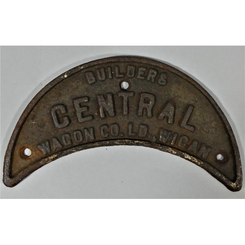 218 - A cast iron crescent wagon plate, Builders Central Wagon Co. Ltd. Wigan.