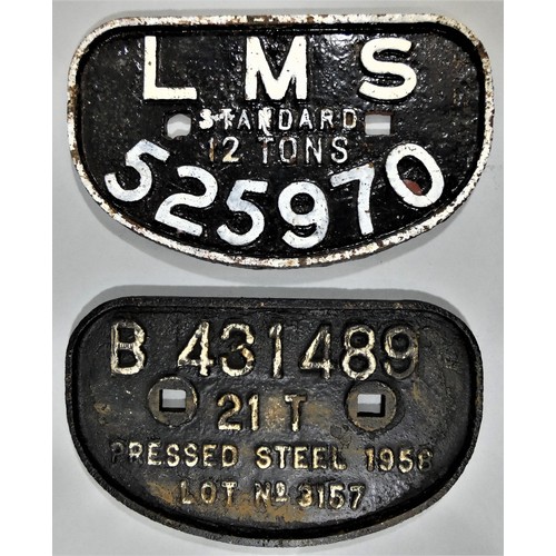 219 - Two cast iron D shape wagon plates, LMS 12 TONS and PRESSED STEEL 1958, 21 TONS.