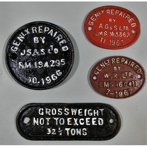 222 - Three cast iron GEN REPAIRED plates, 1961 x 2, 1966 and a wagon gross weight plate (4).