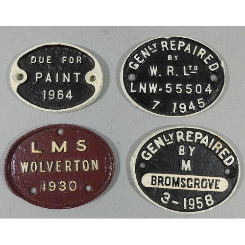 203 - Two wagon plates, Gen Repaired (Bromsgrove, 1958 and W.R. Ltd., 1945), a carriage plate (LMS Wolvert... 