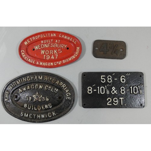 204 - Two cast iron wagon plates, BRCW Smethwick, 1936 and Metropolitan Cammell, Wednesbury, 1947, a carri... 