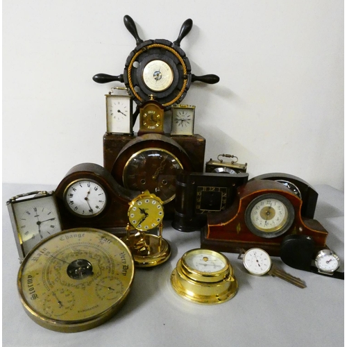 110 - A collection of carriage and mantle clocks to include, a Smiths bakelite clock case, and a wall baro... 