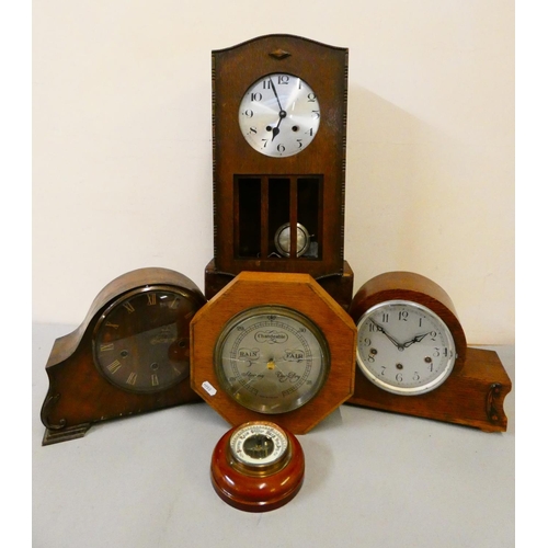 112 - An oak cased wall clock, two barometers, and two mantle clocks (5)