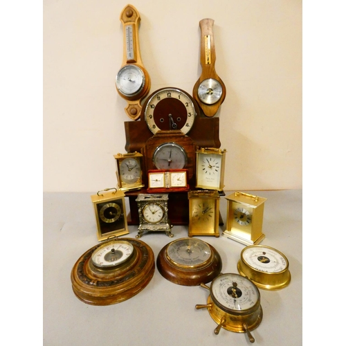 114 - A collection of barometers, carriage and mantle clocks.