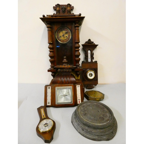 115 - A mahogany cased wall clock, oak cased barometer, together with other barometers.