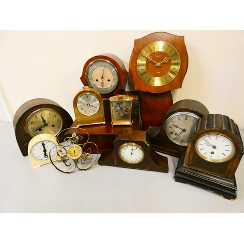 117 - A collection of wood cased mantle clocks, carriage, and wall clocks.