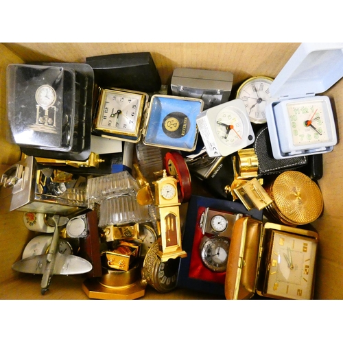 119 - A collection of miniature, crystal glass, and novelty clocks, together with a box of mantle clocks a... 