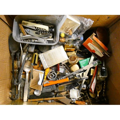 124 - Three boxes of collectibles, including thimbles, paper knives, corkscrews, pens, lighters, bells, ba... 