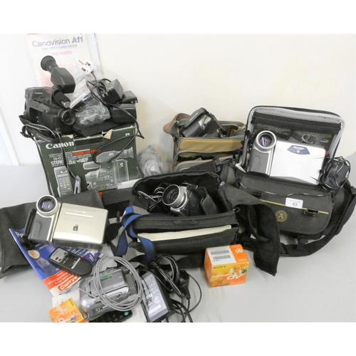 63 - A Canon A11 camcorder (boxed) a Sharp E630 view cam, Sony handycam, together with three other camcor... 