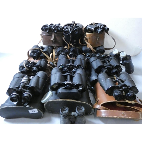 68 - A collection of fifteen pairs of binoculars, makers to include Ross, Prinz, Miranda, and Zenith.