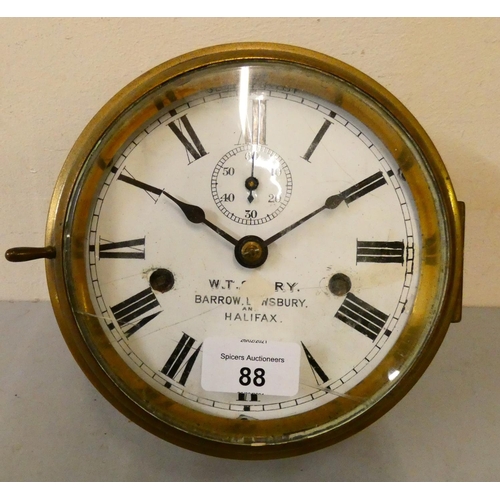 88 - A Seth Thomas, USA two train brass bulk head clock with white enamel 6 inch dial with subsidiary sec... 