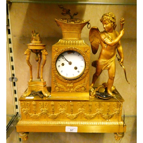 97 - A 19th century French gilt metal mantle clock, the central white faced dial between angel figure wit... 