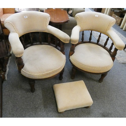 433 - A pair of mahogany framed tub chairs, turned spindle back supporting upholstered arm and upper back ... 