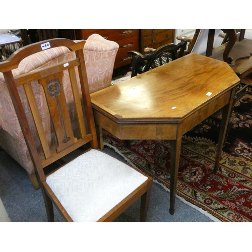 454 - An Edwardian octagonal fold over card table with boxwood inlay, raised on tapering legs, 100 x 50 cl... 