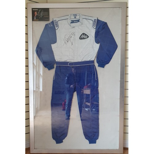 90 - Mika Häkkinen Sparco CIK-FIA race suit, signed and dated 2005, framed behind a perspex cover, 189 x ... 