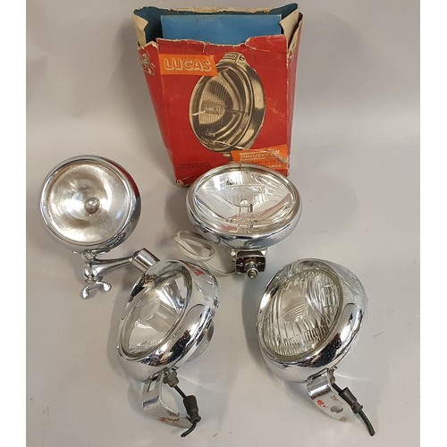 159 - Four period lamps; Lucas 12V LR6 Long Range sealed beam unit, 2 Lucas lamps, previously used on a Au... 