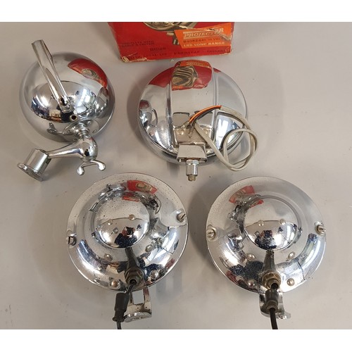 159 - Four period lamps; Lucas 12V LR6 Long Range sealed beam unit, 2 Lucas lamps, previously used on a Au... 