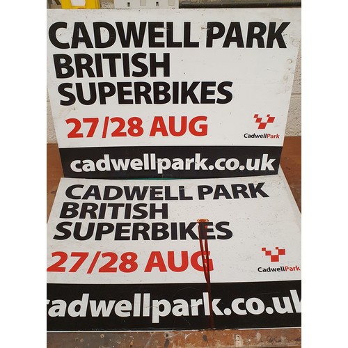 130 - A pair of Cadwell Park, British Superbike plastic signs and an alloy Safty First Save Haven sign, 40... 