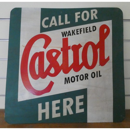 102 - An advertising sign, painted with Call here for Castrol, 55 x 55 cm.