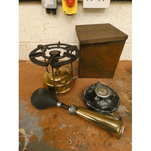 70 - A brass Veritas camping stove, a King of the Road car horn and a Servis truck time recorder (3).