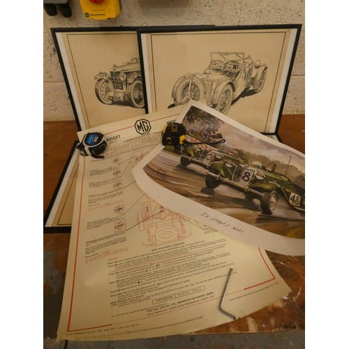 75 - A MG TD/F lubrication chart, c.1986 and five prints of MG's