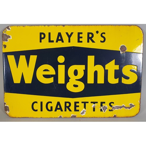 240 - A double sided, wall mounted, vitreous enamel advertising sign, Players Weights Cigarettes, 28 x 42 ... 