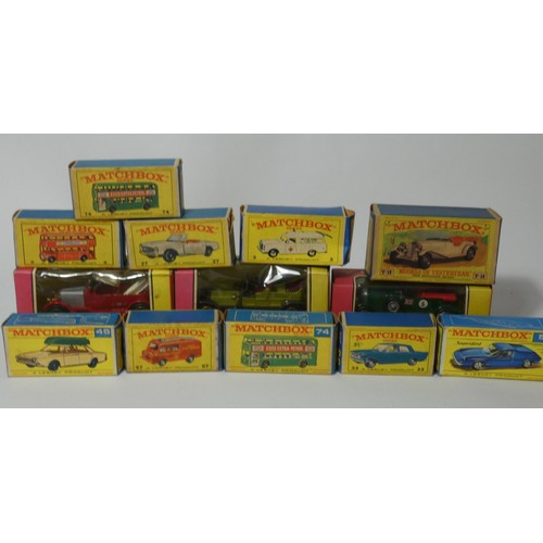 142 - A collection of Matchbox die-cast models, including- Daimler Bus 74. Ford Corsair 45, 1928 Mercedes ... 