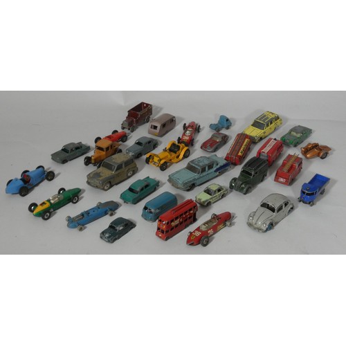 154 - A box of play worn die-cast model cars including- Triang, Corgi and Dinky