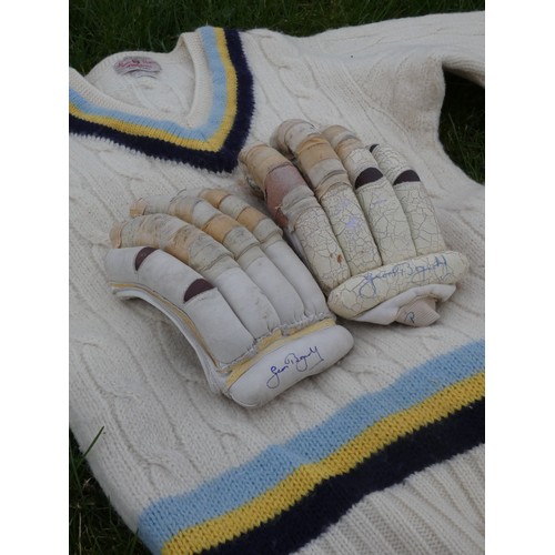 251 - Geoffrey Boycott, a pair of match worn gloves, with applied sticking plasters and possible blood, bo... 